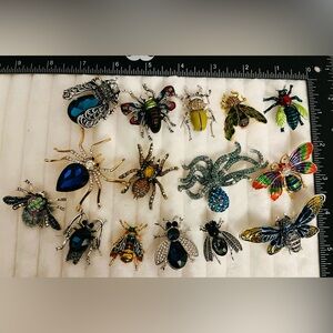 Lot 15 Insect Bug Brooches Rhinestone Enamel Spider Bee Octopus Beetle Jewelry
